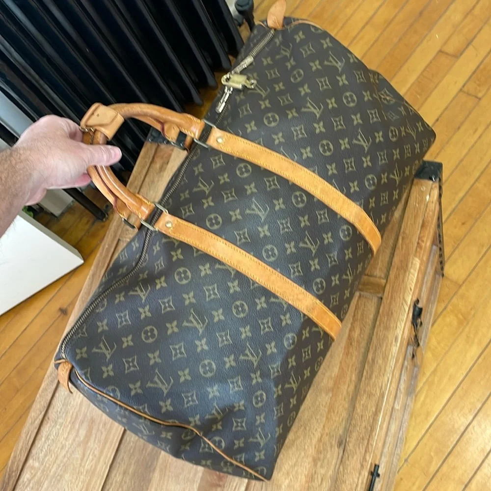 Louis Vuitton Brown Monogram Keepall Duffel with Tan Leather Trim